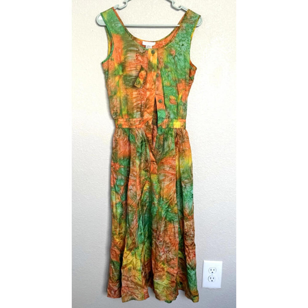 Sybil 100% Silk Tie Dye Dress S Boho Festival Sleeveless Elastic Waist Midi